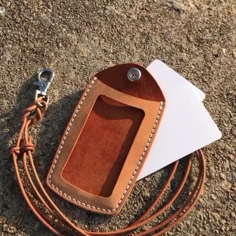 Leather neck ID holder - upright ID card - with adjustable neck strap - includes engraving and embossing - ที่ใส่บัตรคล้องคอ - หนังแท้ สีส้ม