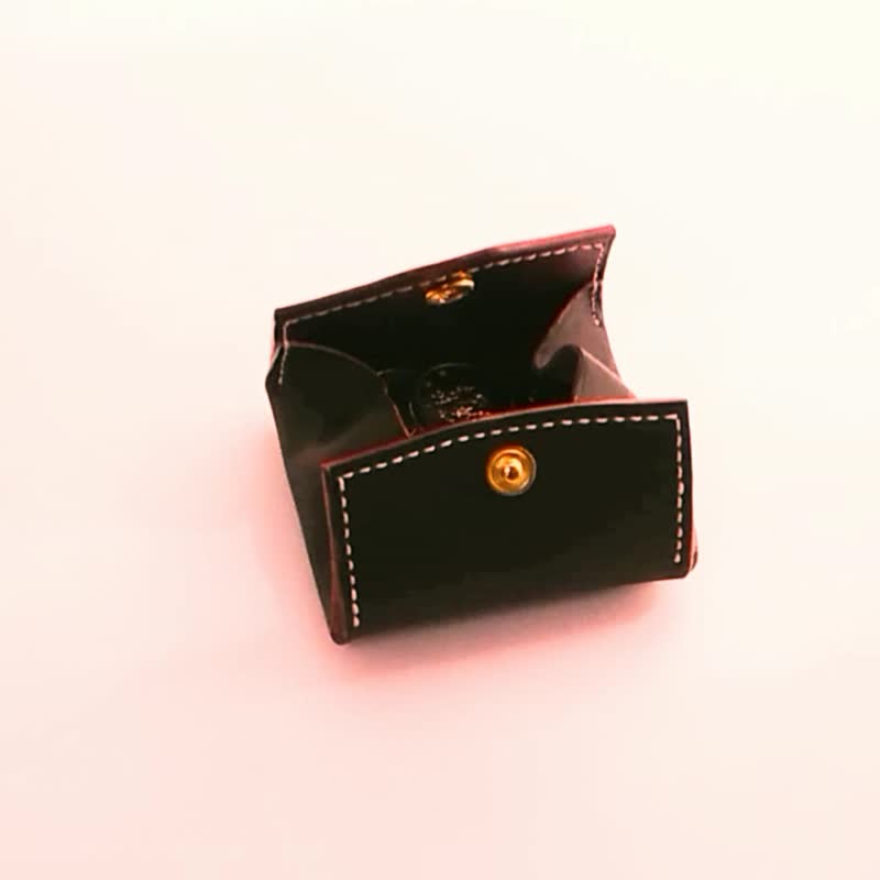 Genuine Leather - Hand-stitched - Rounded Coin Case - Charcoal Gray and Bordeaux - กระเป๋าใส่เหรียญ - หนังแท้ สีเทา