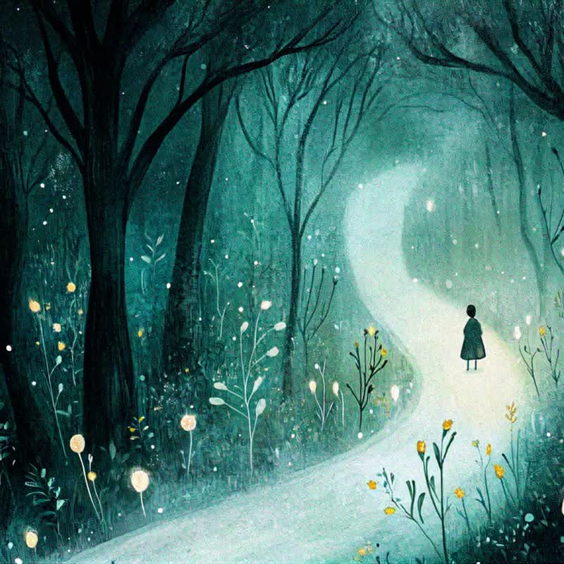 Forest wandering fantasy fairy tale illustration dream forest night scene children's room bedroom decoration healing hanging painting - โปสเตอร์ - ผ้าฝ้าย/ผ้าลินิน 