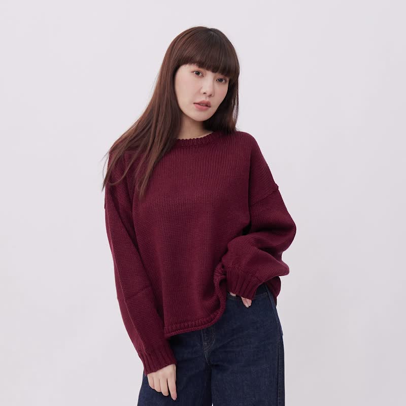 Elva Round Neck Relaxed Fit Sweater Top - สเวตเตอร์ผู้หญิง - ผ้าฝ้าย/ผ้าลินิน สีแดง