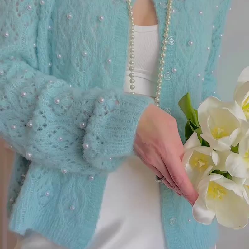 Pearl beads lace knit cardigan Alpaca silk hand knit blouse Turquoise sweater - 女毛衣/針織衫 - 羊毛 