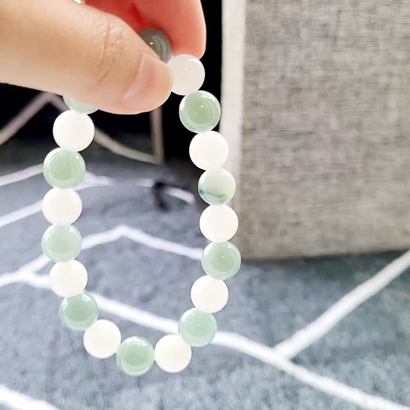 【親翠】天然翡翠 冰透白冰mix湖水藍綠9mm圓珠優雅意境手圍16適 - 手鍊/手環 - 玉石 多色