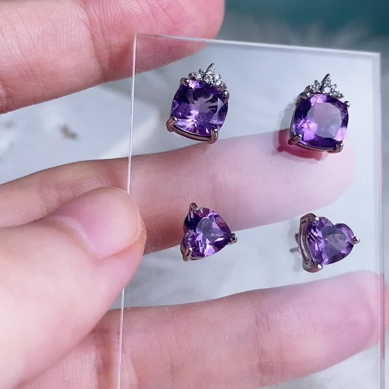 Natural amethyst amethyst ring Gemstone earrings 925 sterling silver anti-allergic earrings heart shape - ต่างหู - เครื่องเพชรพลอย สีม่วง