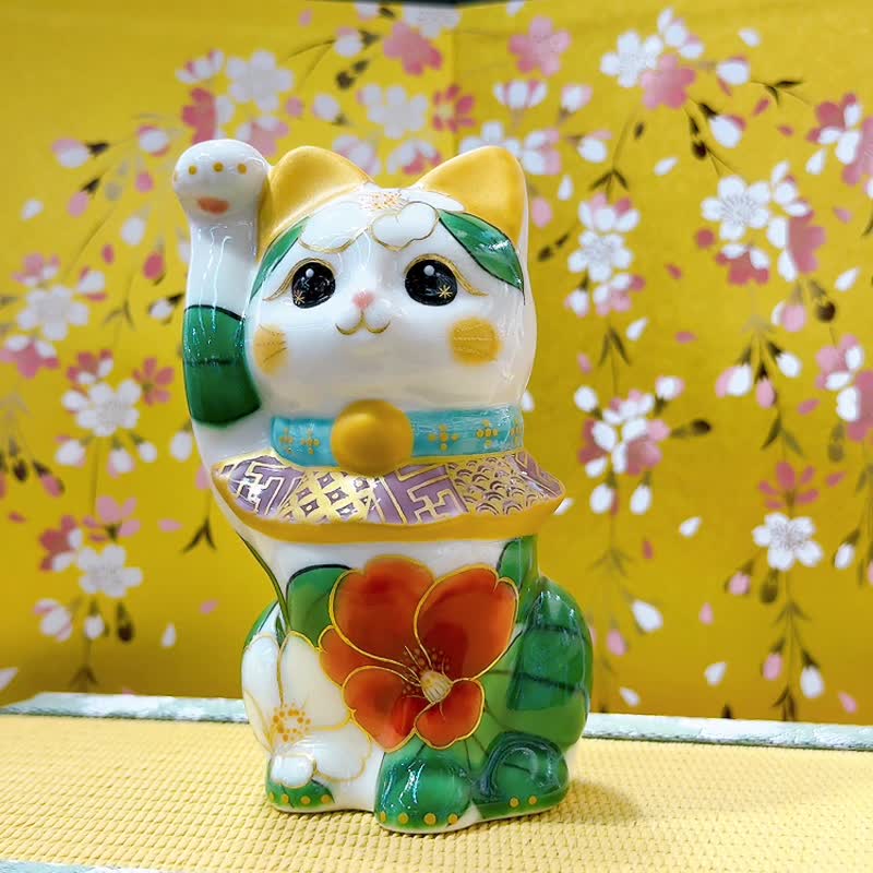 【白椿盈福】日本清水燒招財貓 | 色繪白地 - 椿花 - 擺飾/家飾品 - 瓷 白色