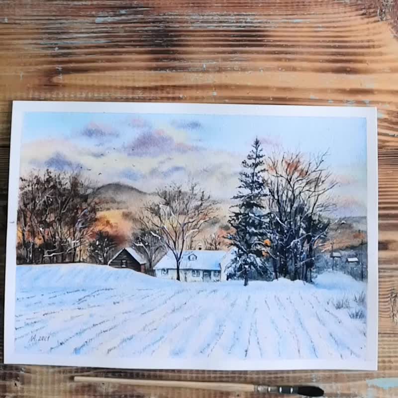 House Painting Original Watercolor Landscape Winter Rustic Scenery Artwork - 海報/掛畫/掛布 - 紙 多色