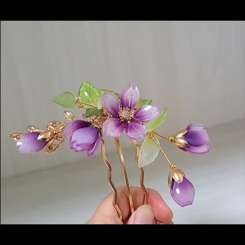 寶石琉璃花系列~【深紫櫻花】~後壓式三股髮釵 - 髮夾/髮圈 - 玻璃 紫色