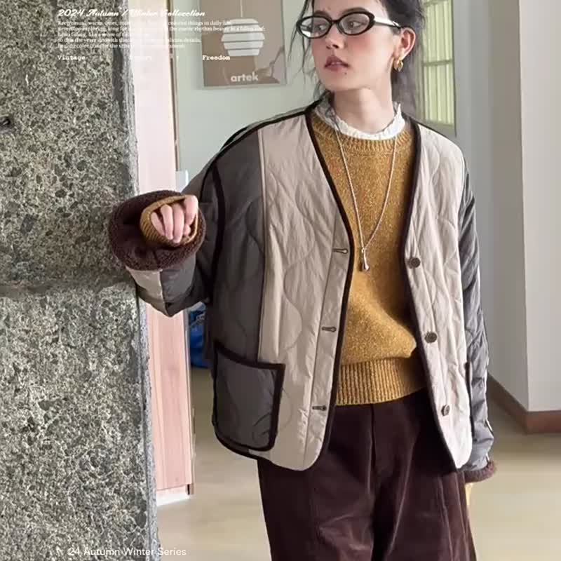 茶咖拼色 泰晤士的冬 英倫復古風棉服 V領雙口袋中短款冬季外套 - 女大衣/外套 - 其他人造纖維 卡其色