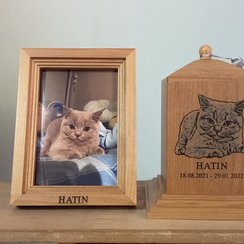 Cat Urn, Pet Urn, Custom Cat Urn, Keepsake cat Wood Box with frame Engraved - Other - Wood Gold