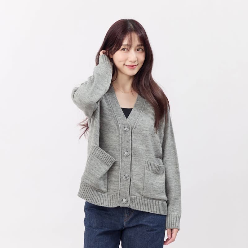 ワイドブリムVネックオープンフロントニットカーディガン / ブラウン - ニット・セーター - コットン・麻 グレー