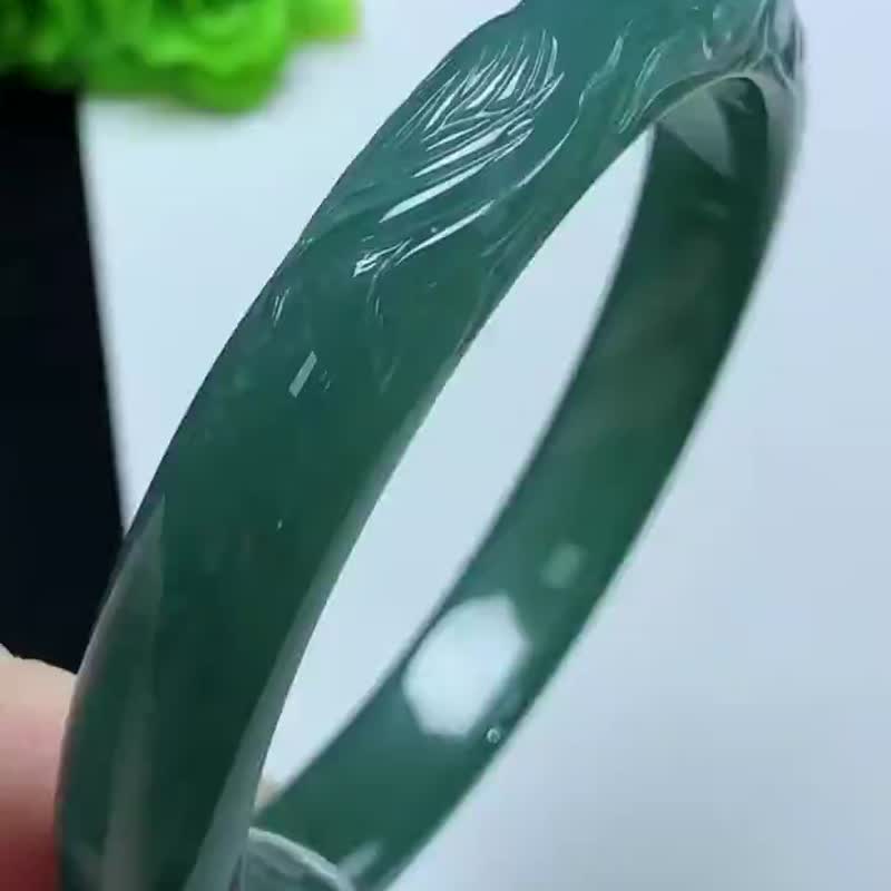 冰種 天然翡翠 緬甸 A玉 玉鐲 • 冰種翡翠雕花鐲 - 手鍊/手環 - 玉石 藍色
