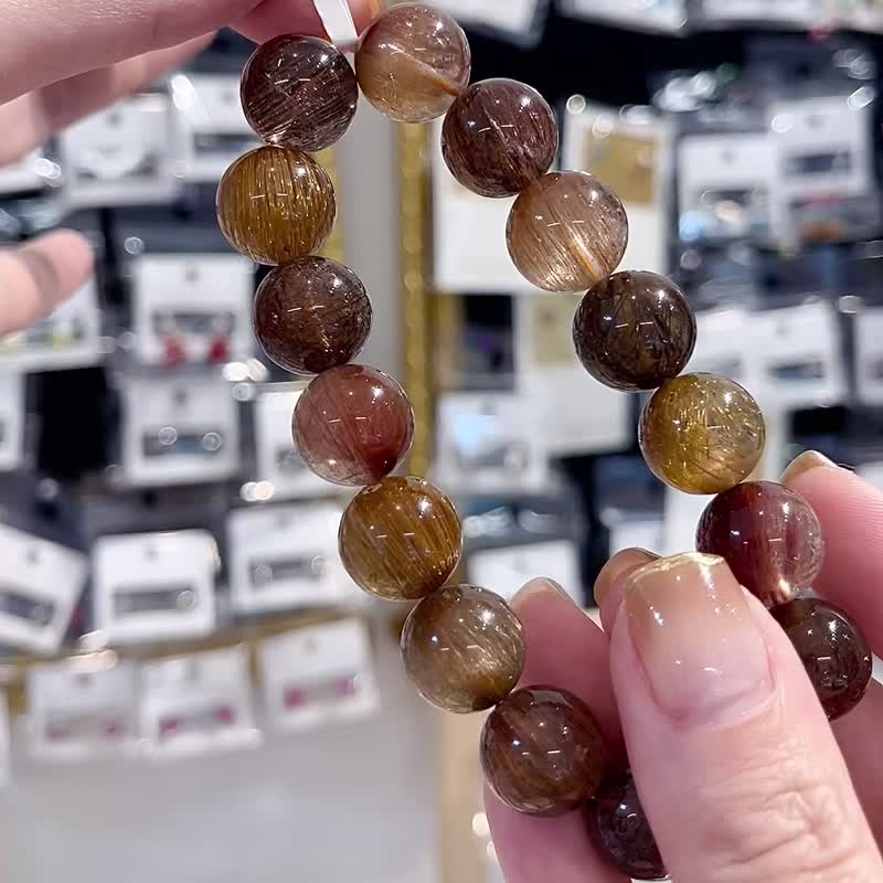 Earth color translucent brushed smooth strong light cat eye colored hair crystal hand beads 13.5mm56.6g positive wealth partial wealth confidence - สร้อยข้อมือ - คริสตัล หลากหลายสี