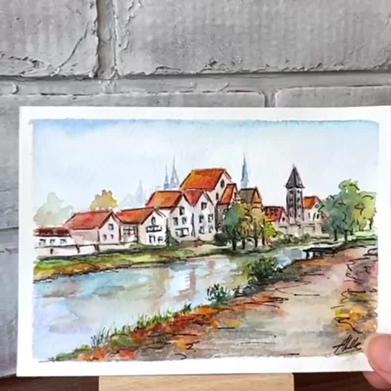 Town painting Watercolor painting Original art River landscape - 海報/掛畫/掛布 - 紙 多色