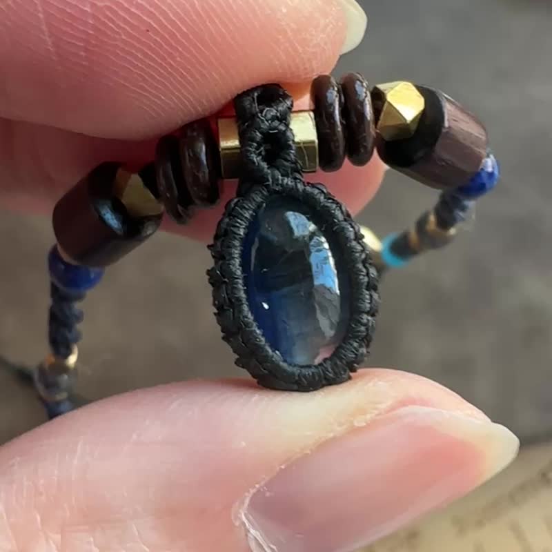 N1199 民族風 蠟線編織 藍晶石 銅珠 頸鏈 (可調長度) - 項鍊 - 寶石 咖啡色