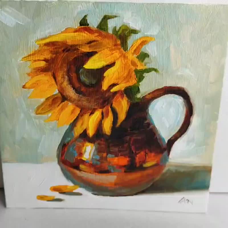 Sunflower painting original oil art still life 20 by 20 cm - Posters - Other Materials Yellow