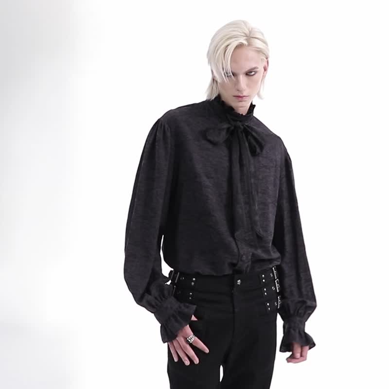 Medieval Warlock Ruffled Stand Collar Cotton Shirt/With Collar - Men's Shirts - Other Materials Black