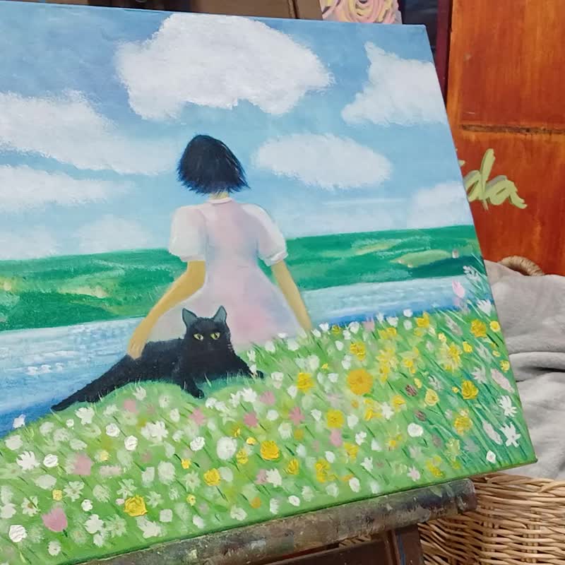 Oil painting on canvas   size 40x30 cm. Girl with black cat - 壁貼/牆壁裝飾 - 棉．麻 