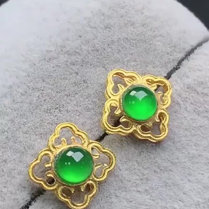 冰種翡翠 天然翡翠 A玉 耳墜 耳釘 • 18k金復古翡翠耳環 - 耳環/耳夾/耳骨夾 - 玉石 綠色