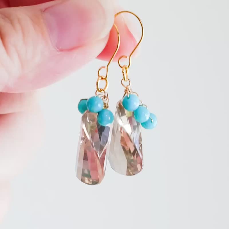 スモーキークォーツ × ターコイズ ピアス 大粒カット 冬コーデ 大人上品 天然石ピアス - 耳環/耳夾/耳骨夾 - 石頭 黑色