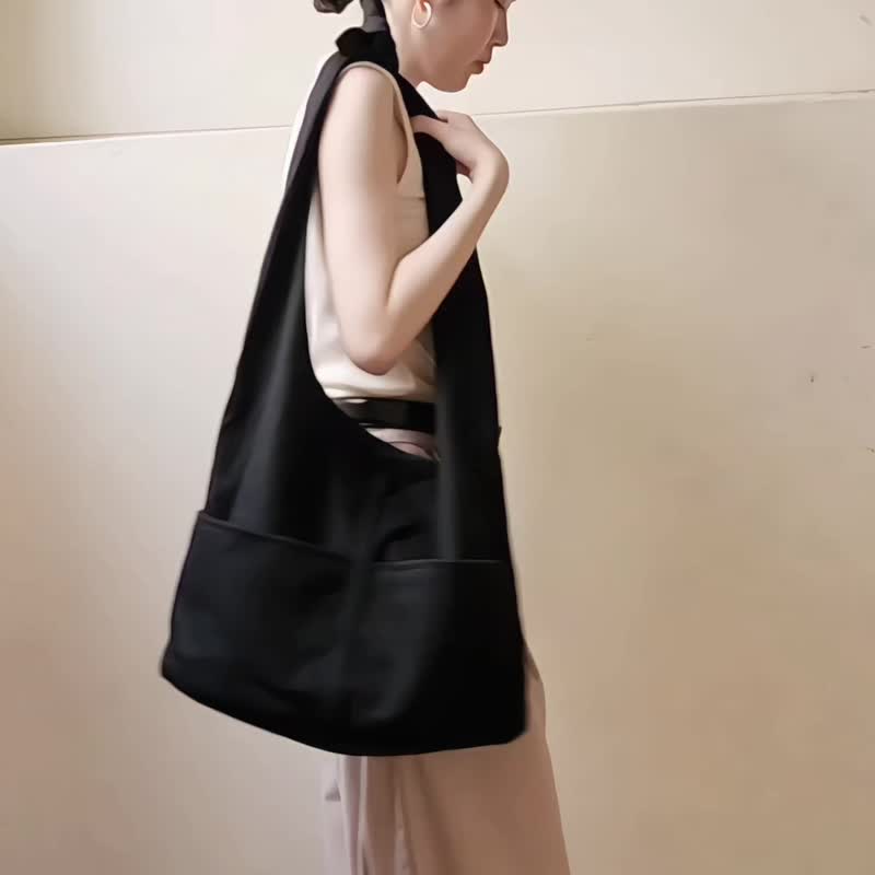 黑色牛仔布打結旅行漂流人包BLACK DENIM HOBO BAG 背帶加長 - 側背包/斜背包 - 棉．麻 黑色