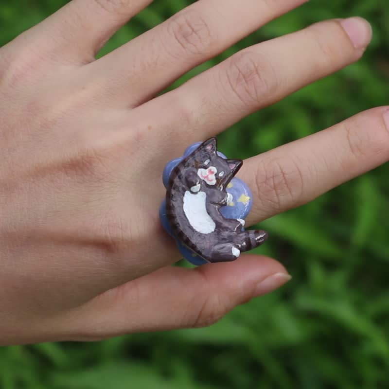 Handmade Cow Cat Jewelry Cat Spinner Ring Fidget Ring - แหวนทั่วไป - ดินเหนียว 