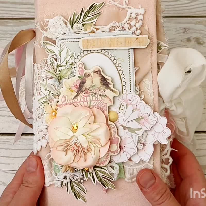 Birds garden Junk journal handmade roses Romantic notebook diary Lace - 筆記簿/手帳 - 紙 粉紅色