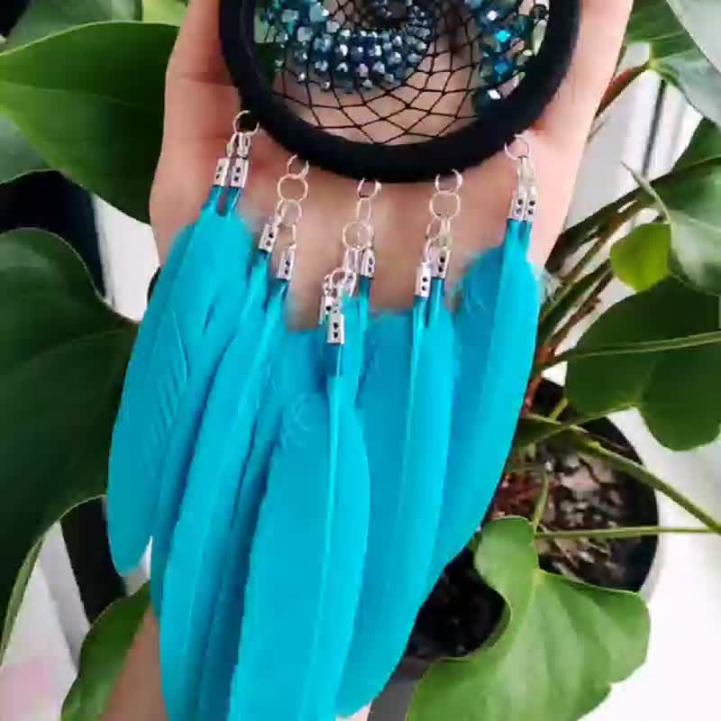 Turquoise blue small dream catcher with sparkling fractal beads, car size decor - 壁貼/牆壁裝飾 - 繡線 藍色