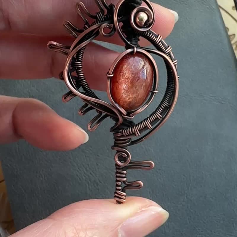 WW432 Bohemian Style Fully Handmade Woven Copper Wire Wire Wrap Vintage Patina Sunstone Pendant - Necklaces - Copper & Brass Brown