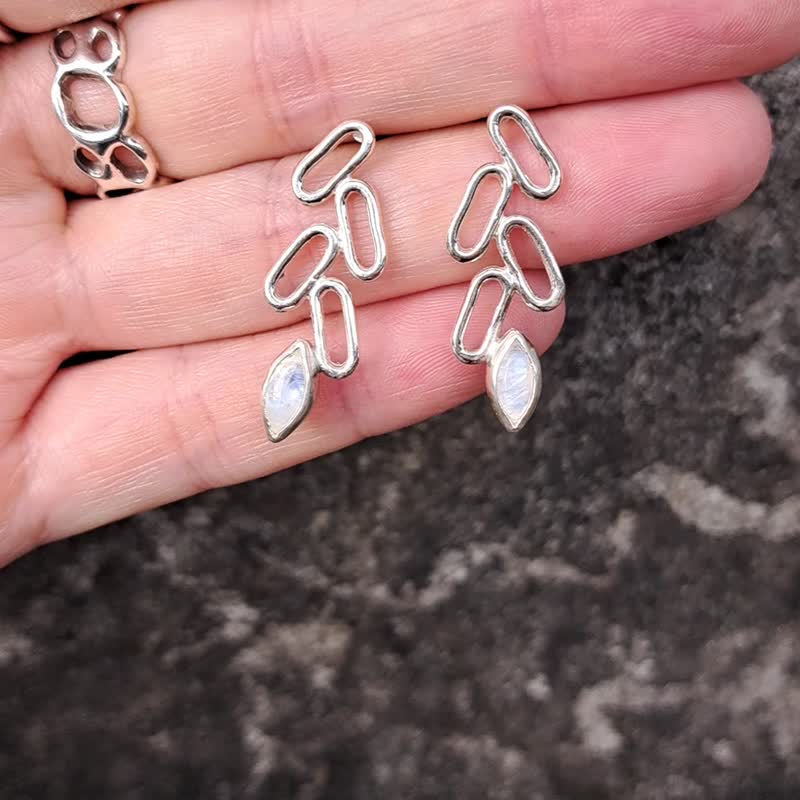 Leafy Earrings- Moonstone - Handmade-Silver Ear Studs - Earrings & Clip-ons - Sterling Silver Transparent