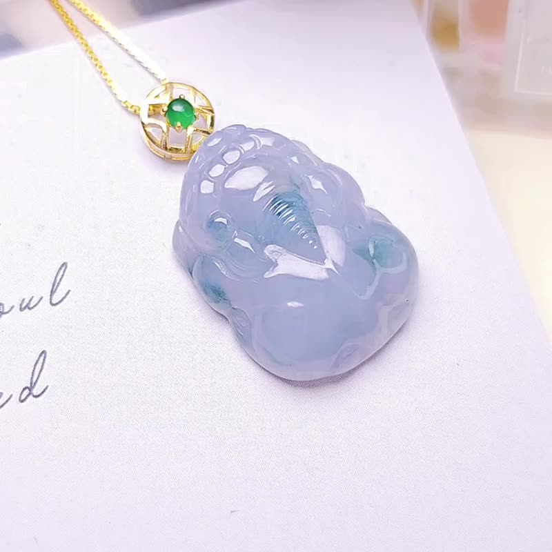 18k gold|Lucky beast|Myanmar A-grade jade dreamy ice thick purple floating blue flower big Pixiu customized pendant - สร้อยคอ - หยก 