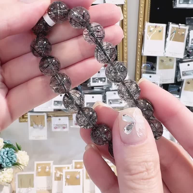 Natural lace black hair crystal 11.5mm37.21g crystal to ward off evil spirits and villains to eliminate negative energy - สร้อยข้อมือ - คริสตัล สีดำ