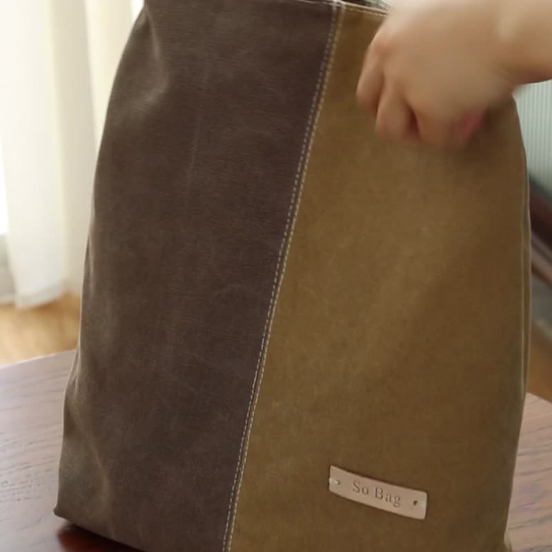 sobag retro literary handmade stitching canvas bag original single shoulder tote bag simple and elegant contrast color side backpack women - กระเป๋าแมสเซนเจอร์ - วัสดุอื่นๆ สีกากี