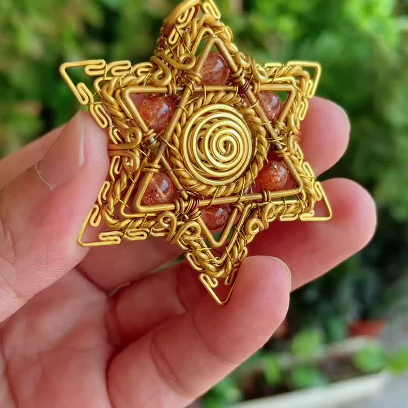 黃銅六芒星項鏈 大衛星 梅爾卡巴 神聖圖騰 純銅 金屬編織 - 項鍊 - 銅/黃銅 黃色