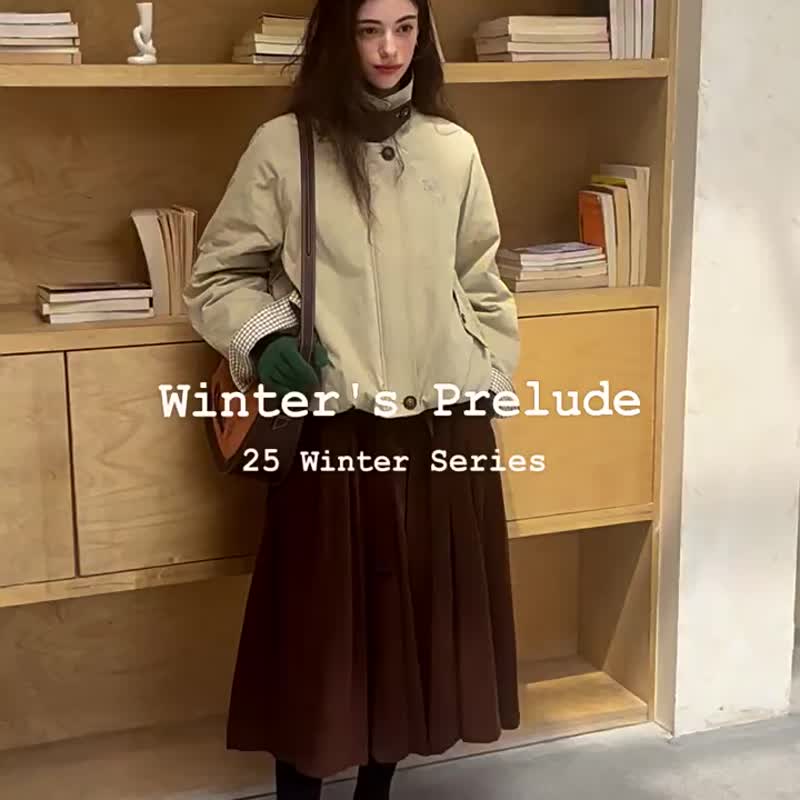 卡其苔綠 塵旅漫歌 法式棉服夾克 皮領夾棉短夾克棉衣外套 - 女大衣/外套 - 棉．麻 卡其色