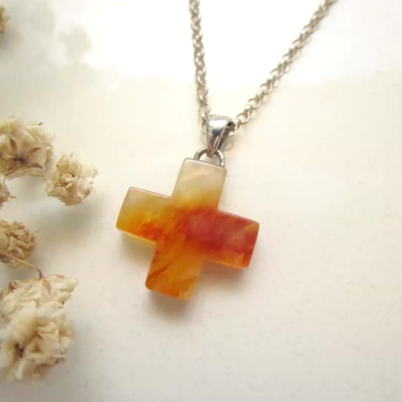 Christmas Ornaments Christmas Gift Box|Jade Pendant Shape Jade Pendant-Cross Shape Coconut Jade/Fiery Red Sunset Double Sided/ - สร้อยคอ - หยก สีส้ม