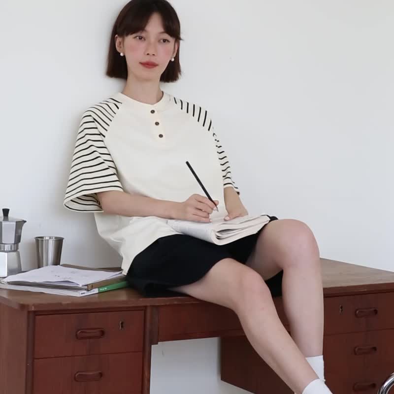 oddmaker 復古條紋插肩袖拼色t恤短袖女寬松圓領復古設計感上衣 - 女 T 恤 - 棉．麻 