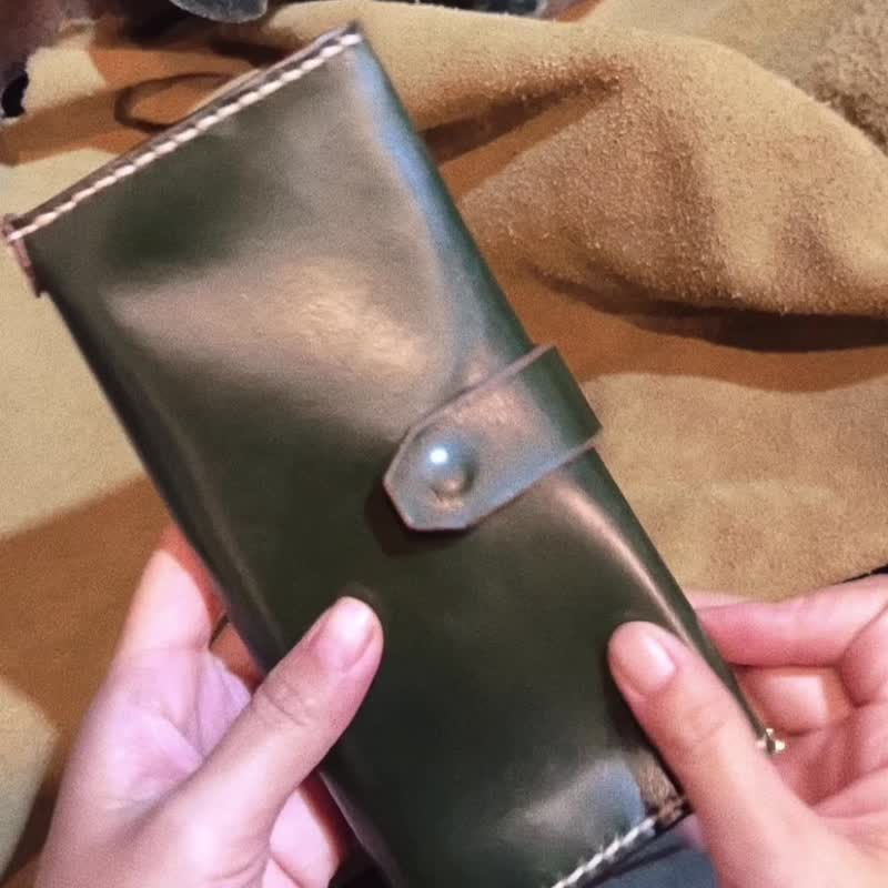 Italian vegetable tanned leather dark green handmade long clip - Wallets - Genuine Leather Green
