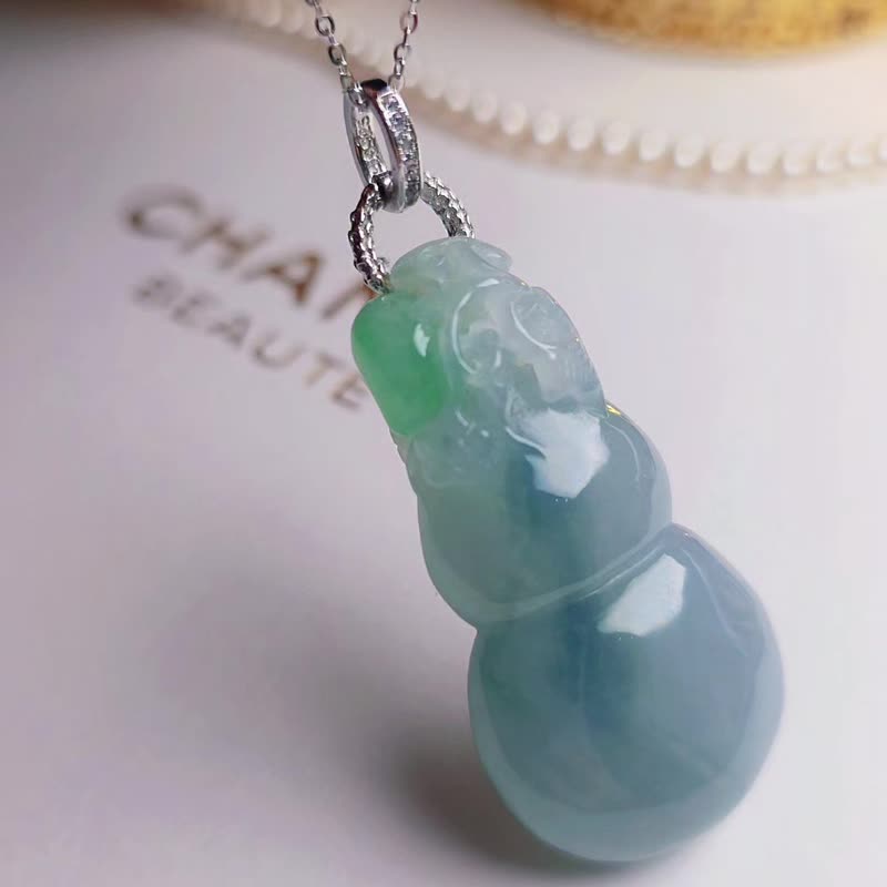 招財•福氣•避邪|緬甸A貨翡翠冰膠綠•藍飄花葫蘆純銀吊墜 - 項鍊 - 玉石 