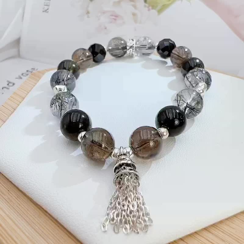 黑髮晶 | 金曜石 | 黑碧璽 | 阿賽茶晶 | 925純銀 - 手鍊/手環 - 水晶 