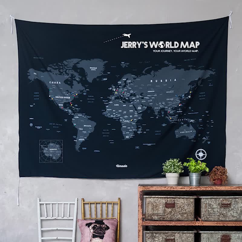 Personalized World Map, Pin Map Travel Map-Bluish Gray-Wall Decor (Fabric) - โปสเตอร์ - เส้นใยสังเคราะห์ สีน้ำเงิน