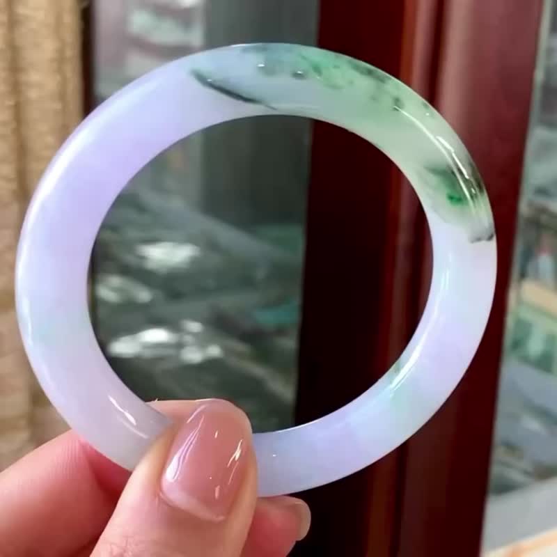 冰種 天然翡翠 緬甸 A玉 玉鐲 • 冰種莫奈睡蓮圓鐲 - 手鍊/手環 - 玉石 紫色