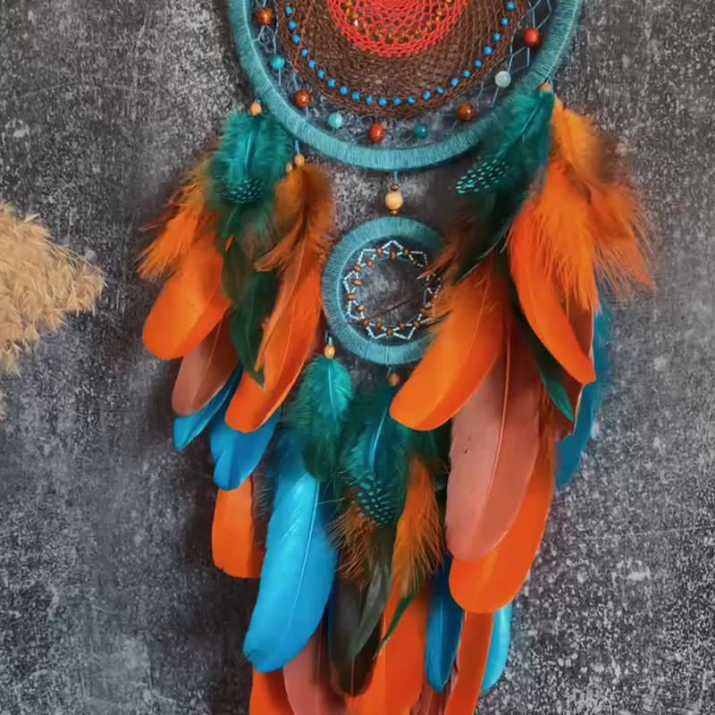Natural  Dream Catcher Turquoise Orange | ตาข่ายดักฝันสีส้มเทอร์ควอยซ์ - 壁貼/牆壁裝飾 - 繡線 橘色