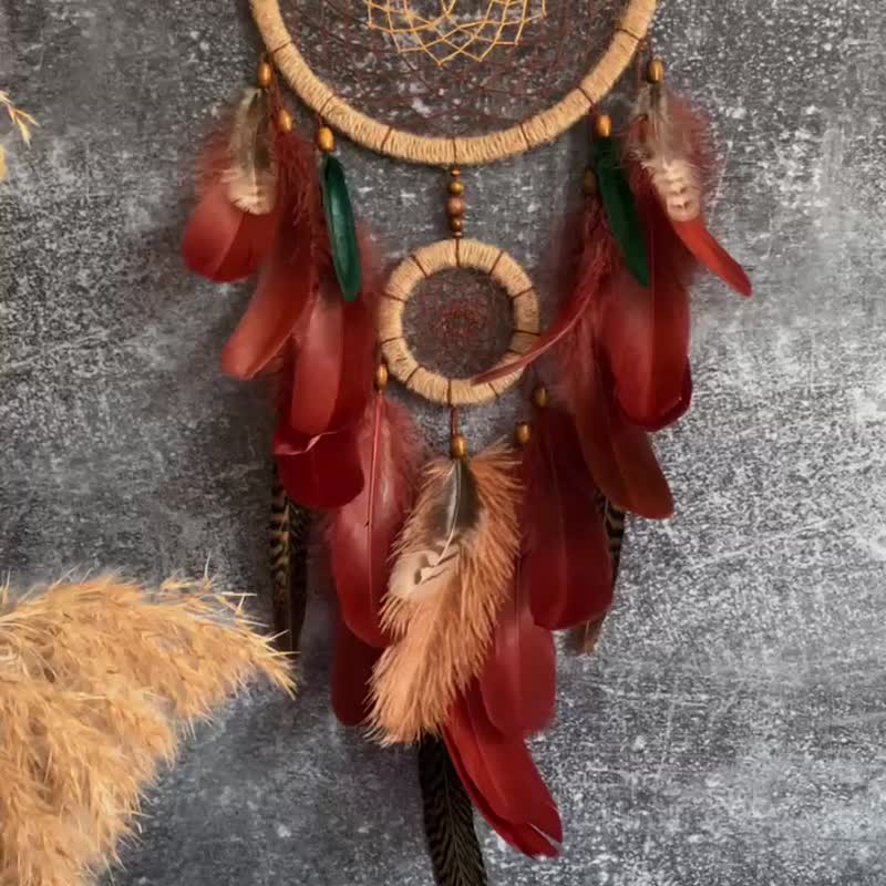 Large Natural Handmade Dreamcatcher  Brown Green  เครื่องดักฝันขนาดใหญ่ - 壁貼/牆壁裝飾 - 繡線 咖啡色