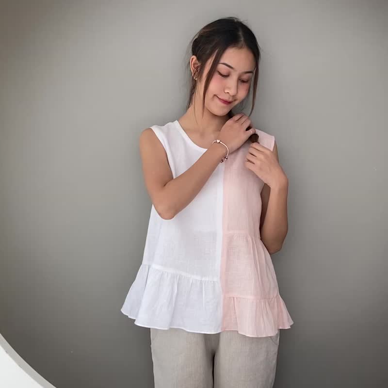 Natural Linen Sleeveless Top Cute Top Multicolor - White and Soft Pink - Women's Tops - Linen White