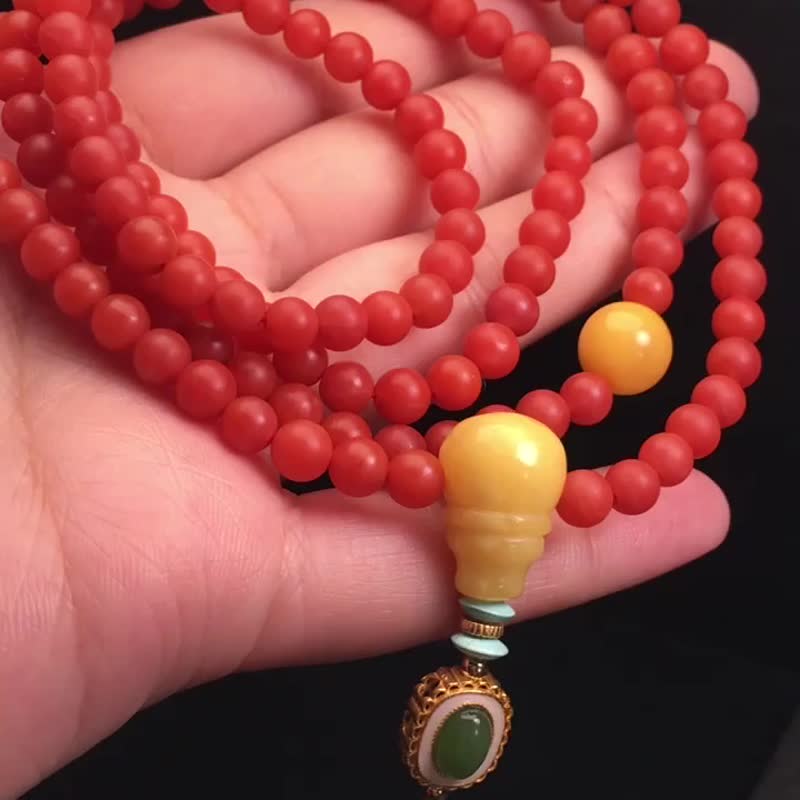 精品保山南紅4圈手鏈 手鏈毛衣鏈兩用款 搭配天然蜜蠟圓珠 - 手鍊/手環 - 水晶 