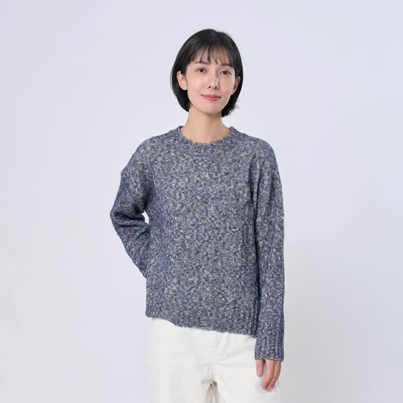Erica圓領下擺開衩麻花針織衫 - 女毛衣/針織衫 - 聚酯纖維 藍色