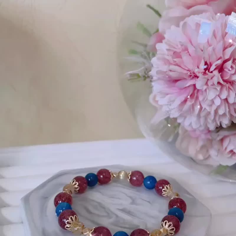 14K包金水晶手鍊設計款 愛情財富一起到來 草莓晶 藍磷輝石 金髮 - 手鍊/手鐲 - 水晶 多色