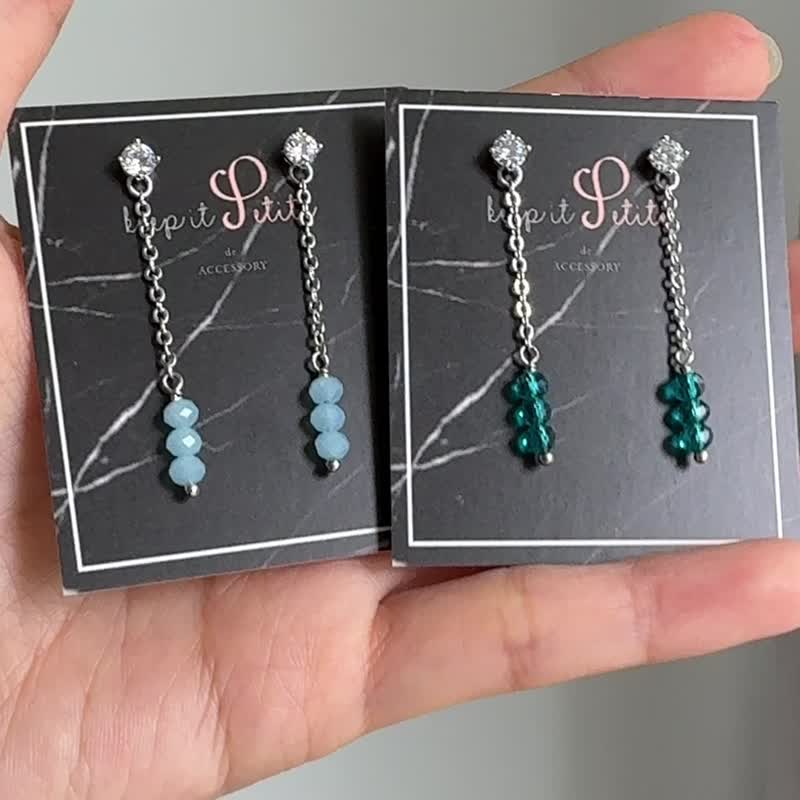 Ocean style cut-angle Czech bead long chain 925 ear needle earrings birthday gift for sisters and besties - ต่างหู - วัสดุอื่นๆ สีน้ำเงิน