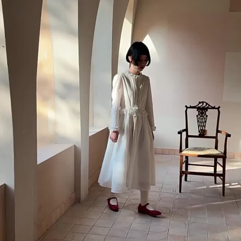 白色 文藝復古洋裝 女立領花邊長裙 繫帶小白裙連身裙 - 洋裝/連身裙 - 棉．麻 白色