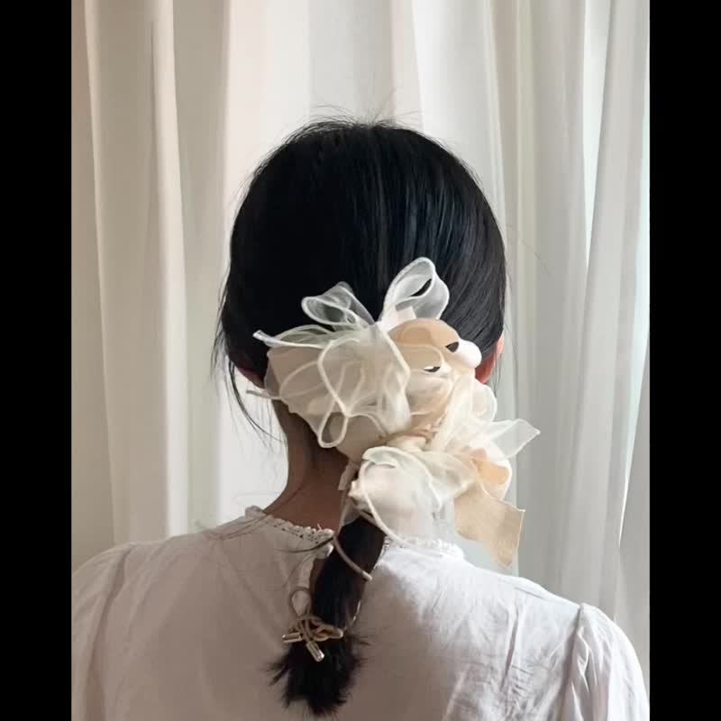 【Original】 Apricot & Cream Floral 2-Way Hair Band/Scrunchie - เครื่องประดับผม - ไฟเบอร์อื่นๆ สีกากี