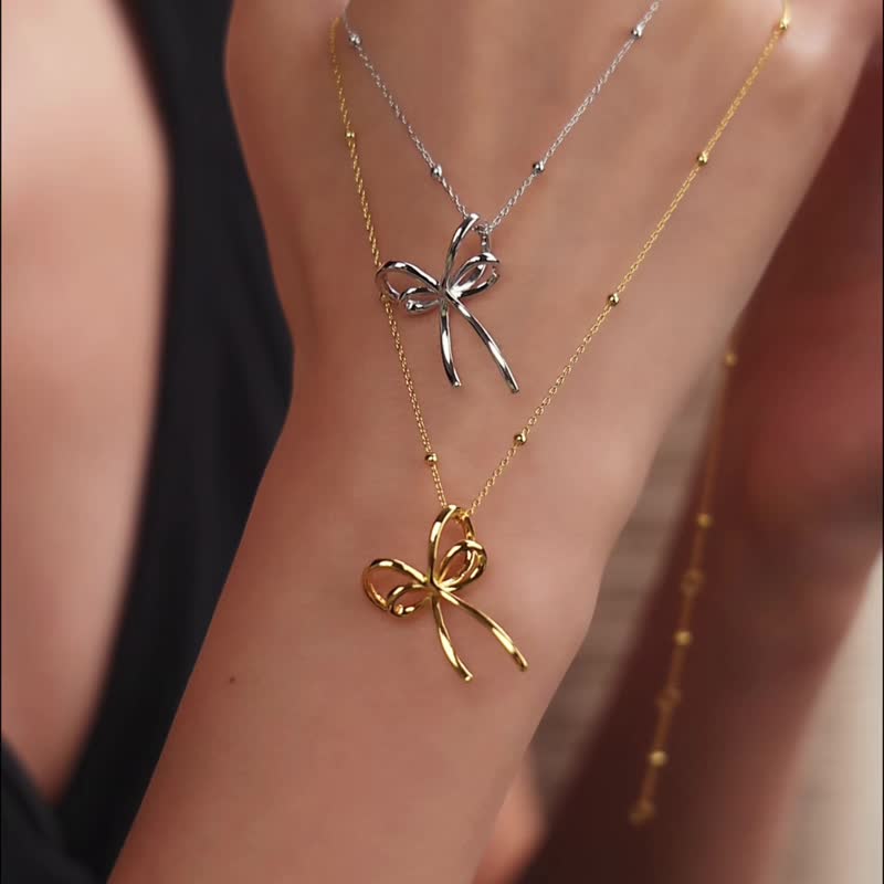 立体リボンネックレス - ネックレス - スターリングシルバー ゴールド